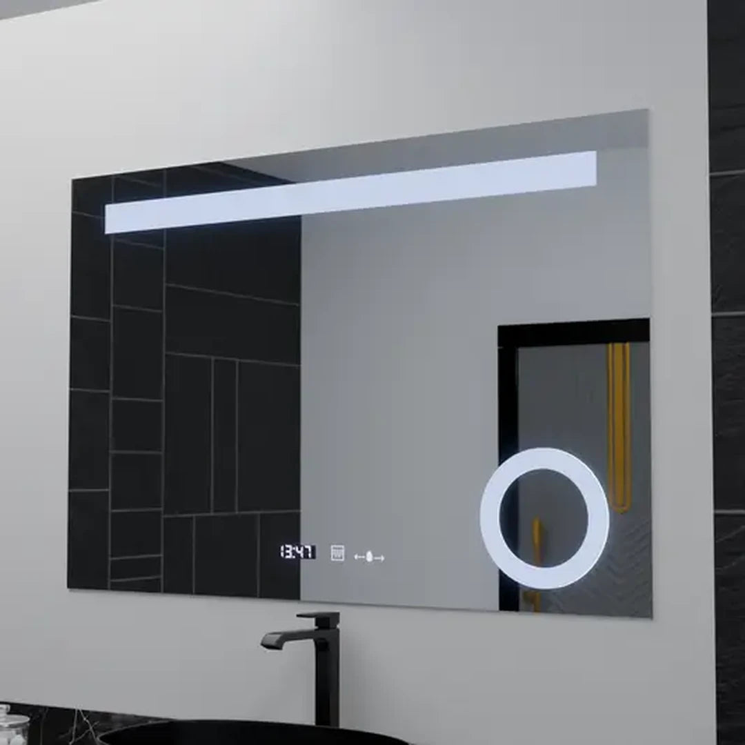 Négyszögletű LED-es tükör, 80x60 cm, ABSOLU MotionGlow Marcello, páramentesítő rendszer, óra és hőmérő, kozmetikai nagyító, szabályozható tükrök Marcello alapértelmezett cím Alessandro Design