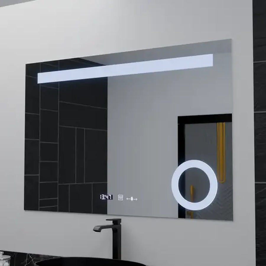 Négyszögletű LED-es tükör, 80x60 cm, ABSOLU MotionGlow Marcello, páramentesítő rendszer, óra és hőmérő, kozmetikai nagyító, szabályozható tükrök Marcello alapértelmezett cím Alessandro Design