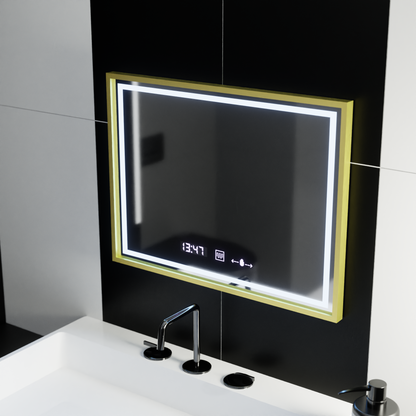 Téglalap alakú LED-es tükör, 80x60 cm, Verite Royale Gold MotionGlow Marcello, páramentesítő rendszer, óra és hőmérő, szabályozható tükrök Marcello alapértelmezett cím Alessandro Design