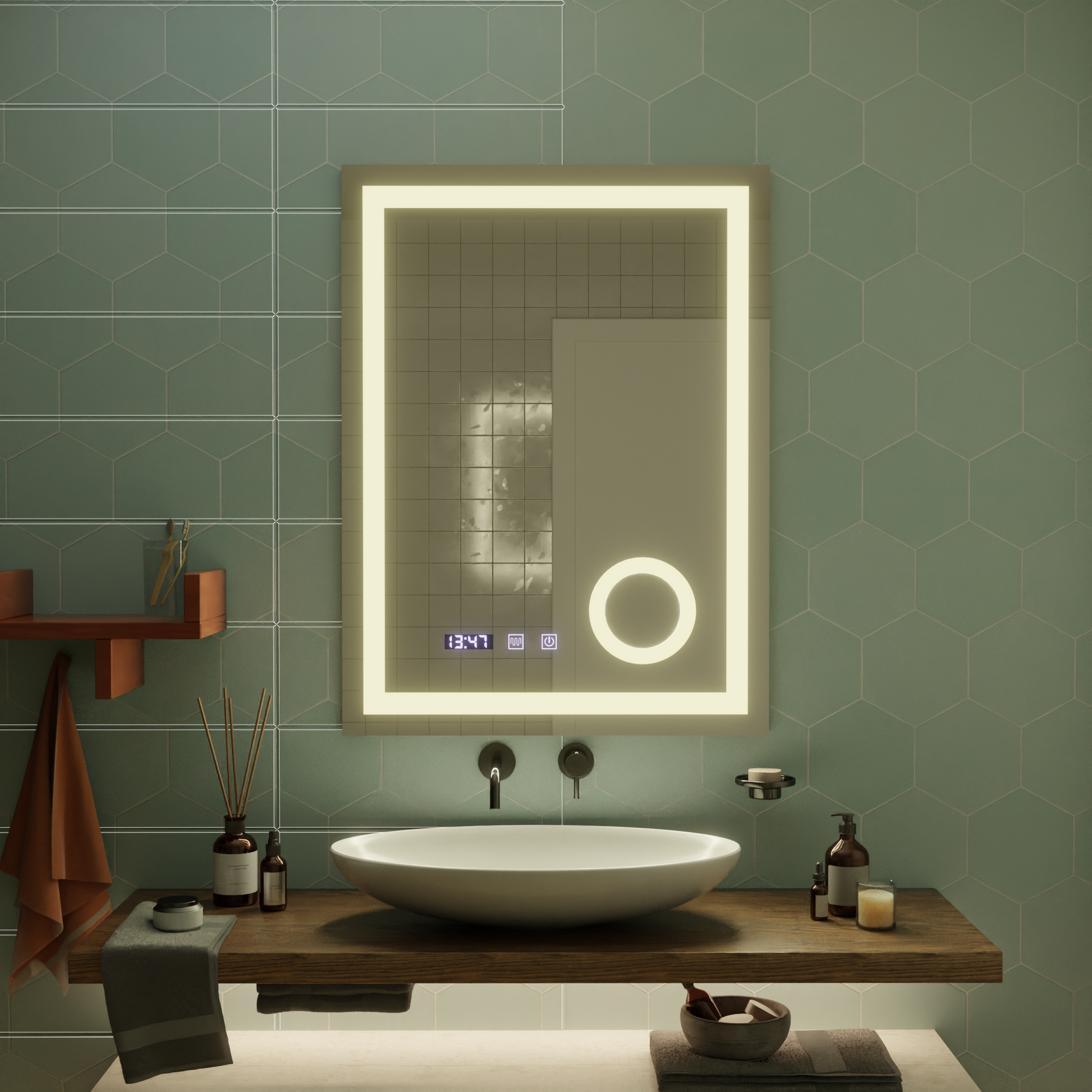 LED érintőtükör NIVERA páramentesítő rendszer, óra és hőmérséklet 60x80 cm kozmetikai nagyító tükrök Korman S alapértelmezett cím Alessandro Design