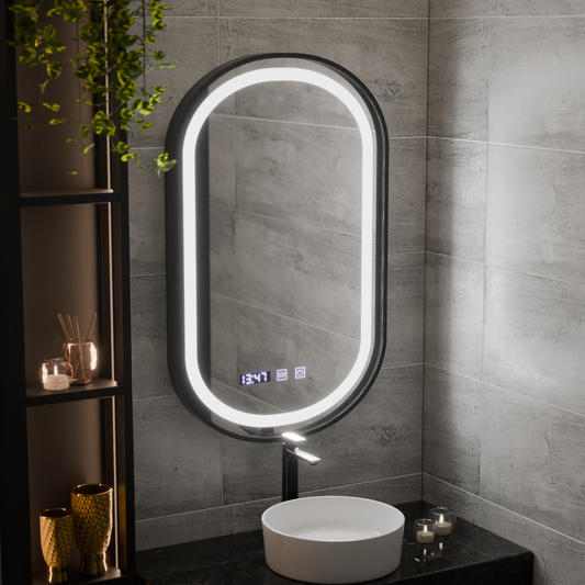 Helmut LED Touch Mirror páramentesítő rendszer, óra és hőmérséklet 50x80 cm fekete keret szálcsiszolt Marcello Funghi