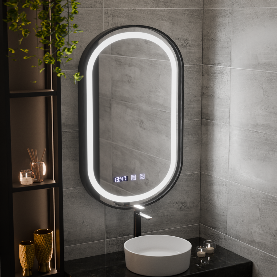 Helmut LED Touch Mirror páramentesítő rendszer, óra és hőmérséklet 50x80 cm fekete keret szálcsiszolt Marcello Funghi