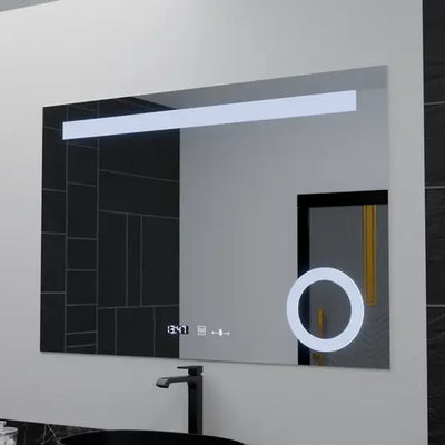 Négyszögletű LED tükör, 100x75 cm, ABSOLU MotionGlow Marcello, páramentesítő rendszer, óra és hőmérő, kozmetikai nagyító, szabályozható