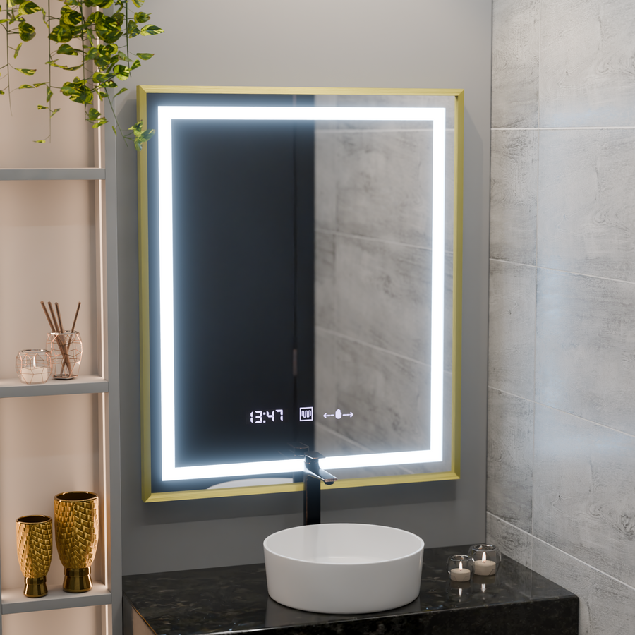 Négyszögletű LED-es tükör, 75x90 cm, Verite Royale Gold MotionGlow Marcello, páramentesítő rendszer, óra és hőmérő, szabályozható tükrök Marcello alapértelmezett cím Alessandro Design