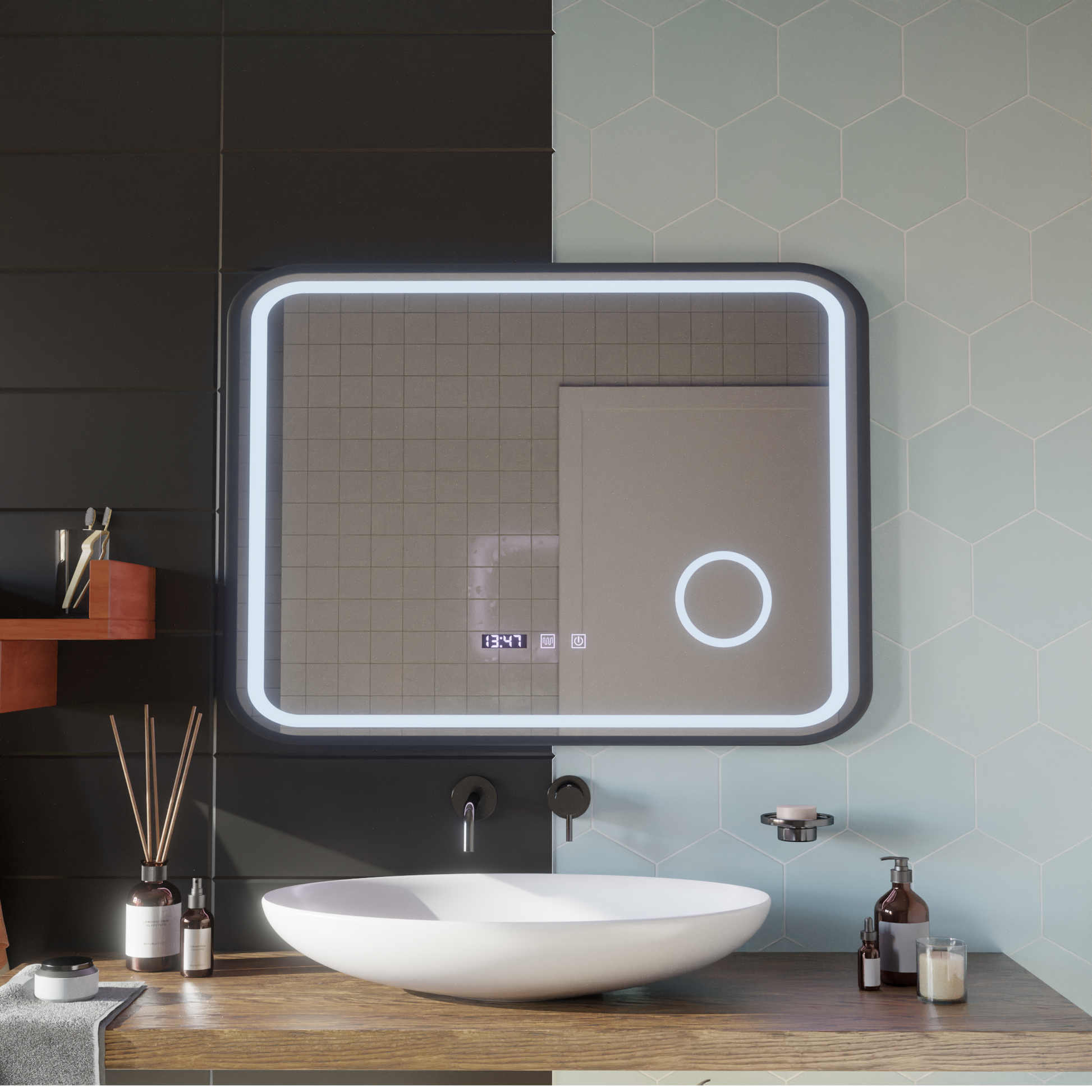 LED Touch Bernd Mirror páramentesítő rendszer, óra és hőmérséklet 80x60 cm fekete keret szálcsiszolt kozmetikai nagyító tükrök Korman S alapértelmezett cím Alessandro Design