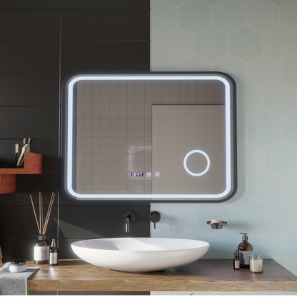 LED Touch Bernd Mirror páramentesítő rendszer, óra és hőmérséklet 80x60 cm fekete keret szálcsiszolt kozmetikai nagyító tükrök Korman S alapértelmezett cím Alessandro Design