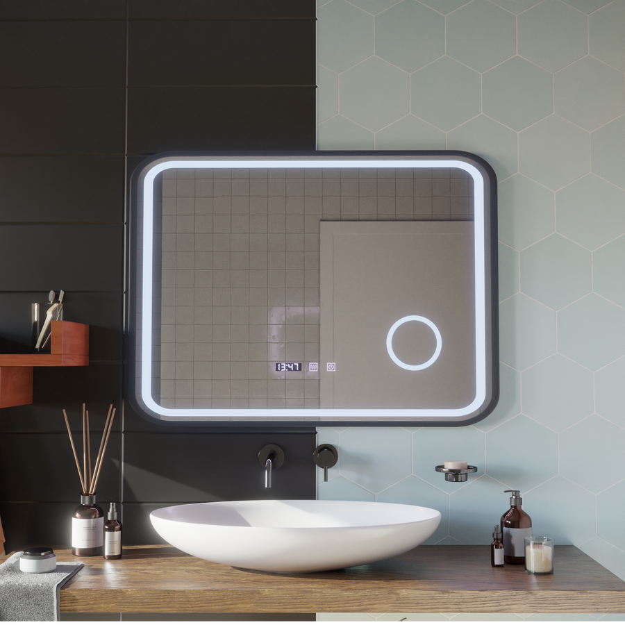 LED Touch Bernd Mirror páramentesítő rendszer, óra és hőmérséklet 80x60 cm fekete keret szálcsiszolt kozmetikai nagyító tükrök Korman S alapértelmezett cím Alessandro Design