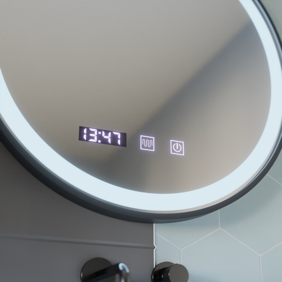 Mirror LED Touch NOVARA páramentesítő rendszer, óra és hőmérséklet 80 cm-es keret fekete csiszolt tükrök Korman S alapértelmezett cím Alessandro Design