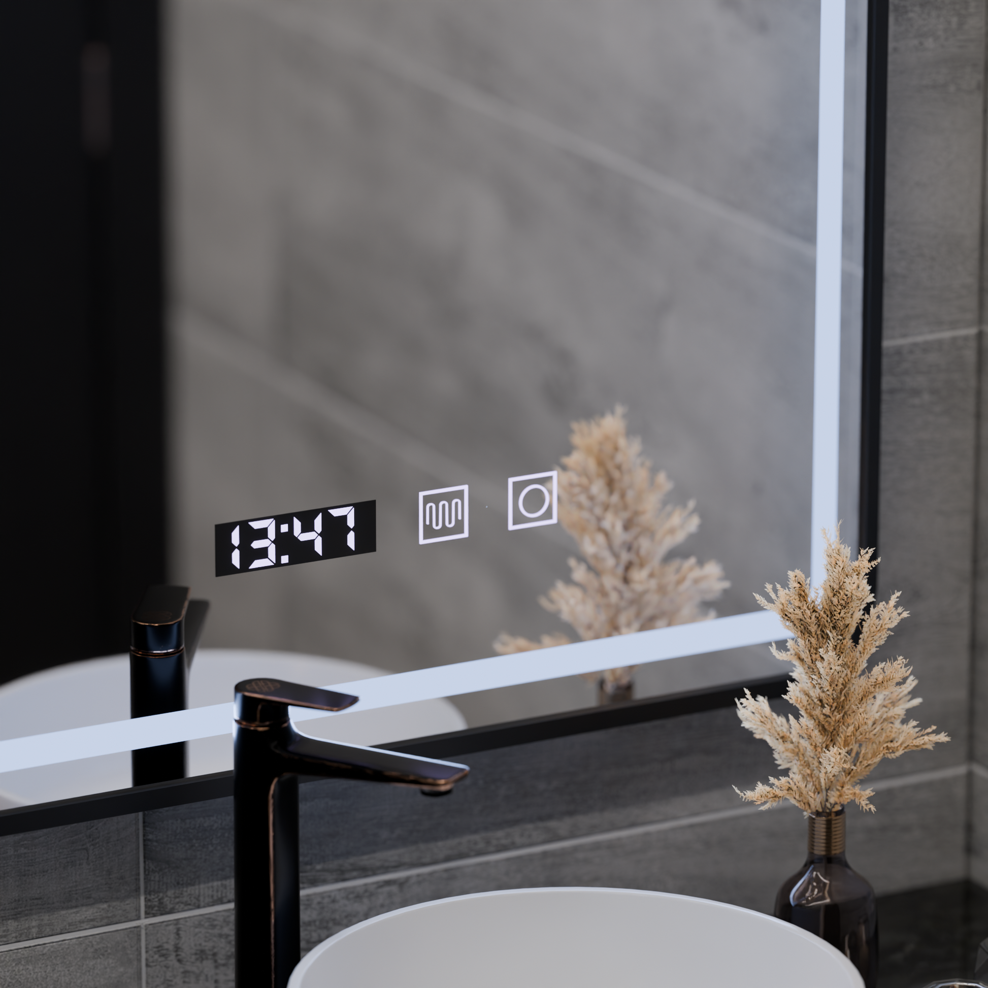 Mirror LED Touch LUCIDA páramentesítő rendszer, óra és hőmérséklet 50x70 cm keret Fekete csiszolt tükrök Korman S alapértelmezett cím Alessandro Design