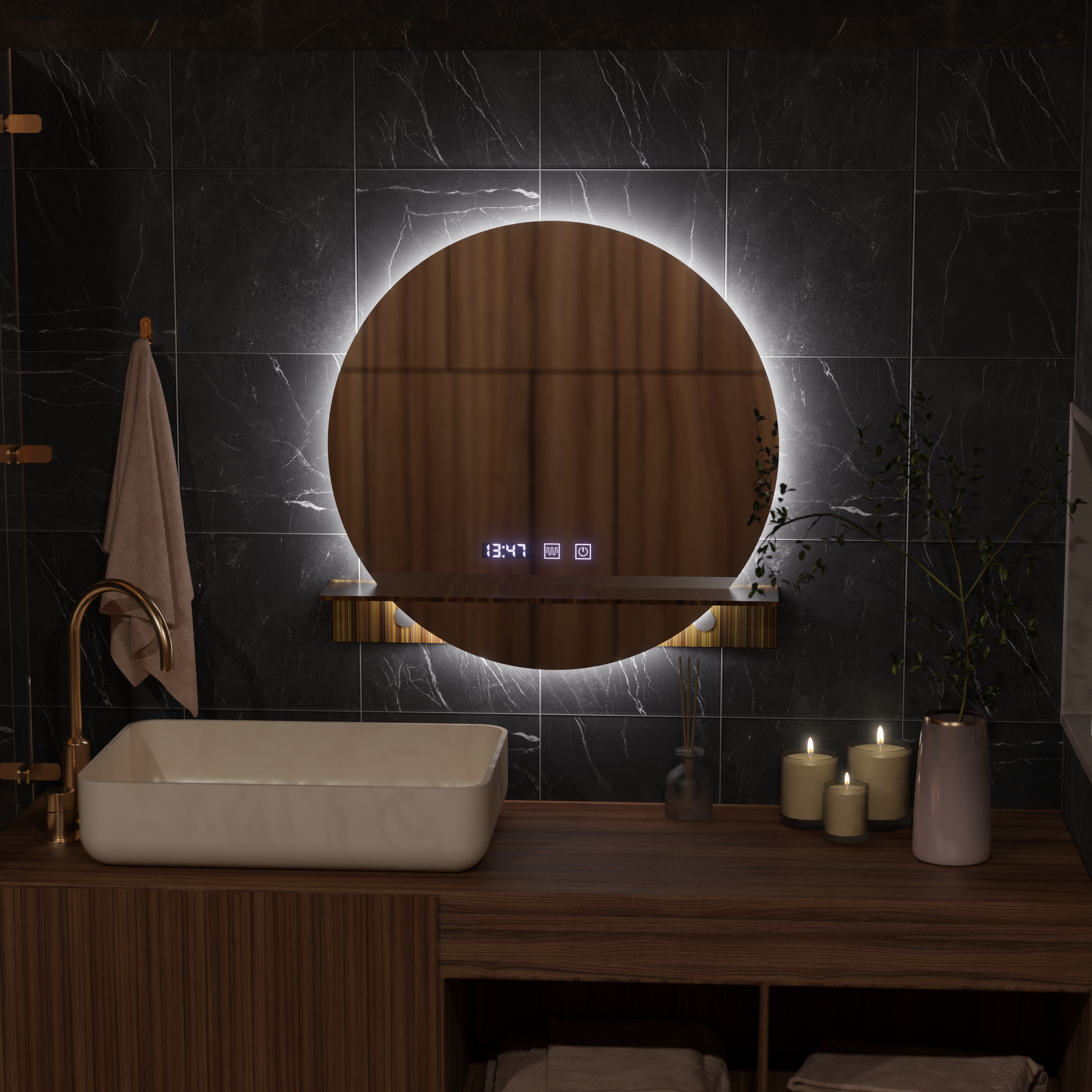 Mirror LED Touch Alfred páramentesítő rendszer, óra és hőmérséklet 60x60 cm integrált támasztótükrökkel Korman S Alapértelmezett cím Alessandro Design