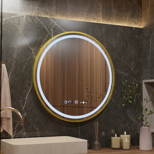Kerek LED-es tükör, 60 cm, Celeste Royale Gold Eleve MotionGlow Marcello, páramentesítő rendszer, óra és hőmérő, szabályozható, levehető szíj Marcello tükrök alapértelmezett cím Alessandro Design