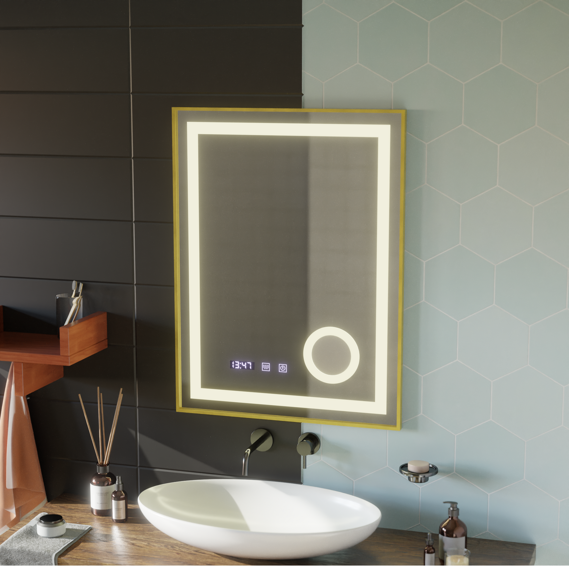 LED érintőképernyős CLARUS tükör páramentesítő rendszer, óra és hőmérséklet 60x80 cm arany keretben csiszolt kozmetikai nagyító tükrök Korman S alapértelmezett cím Alessandro Design