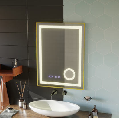 LED érintőképernyős CLARUS tükör páramentesítő rendszer, óra és hőmérséklet 60x80 cm arany keretben csiszolt kozmetikai nagyító tükrök Korman S alapértelmezett cím Alessandro Design