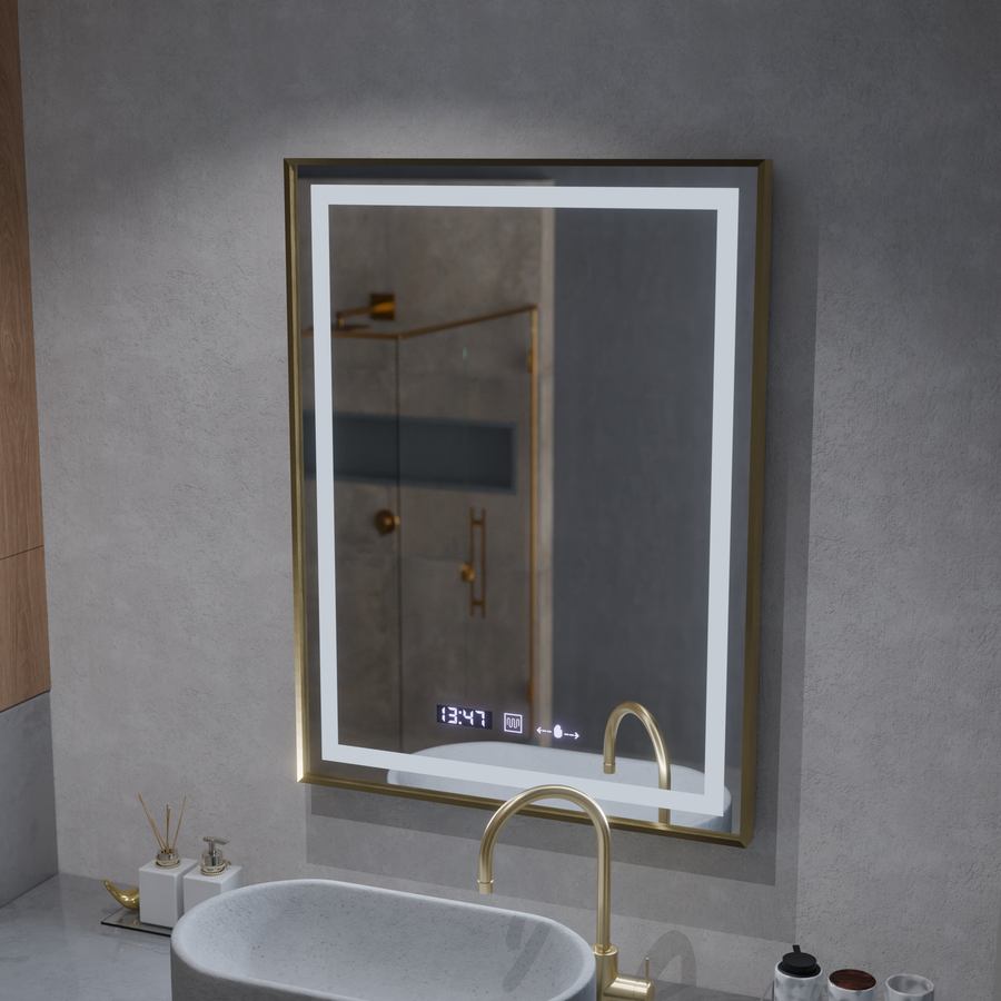 Négyszögletű LED-es tükör, 60x80 cm, Verite Royale Gold MotionGlow Marcello, páramentesítő rendszer, óra és hőmérő, szabályozható tükrök Marcello alapértelmezett cím Alessandro Design