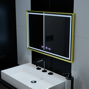 Négyszögletű LED tükör, 100x65 cm, Verite Royale Gold Motion Glow Marcello, páramentesítő rendszer, óra és hőmérő, szabályozható