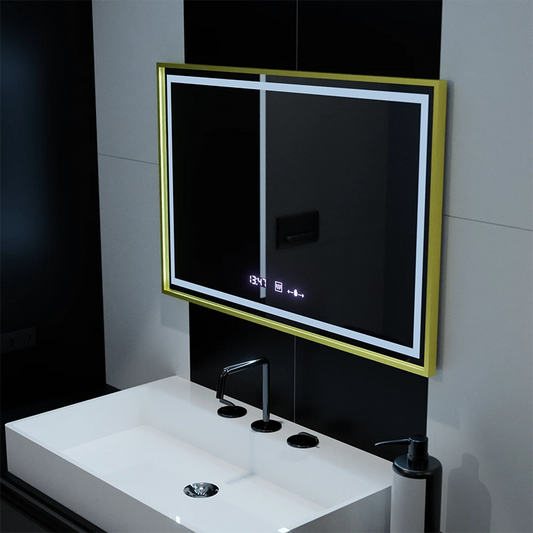 Négyszögletű LED tükör, 100x65 cm, Verite Royale Gold Motion Glow Marcello, páramentesítő rendszer, óra és hőmérő, szabályozható