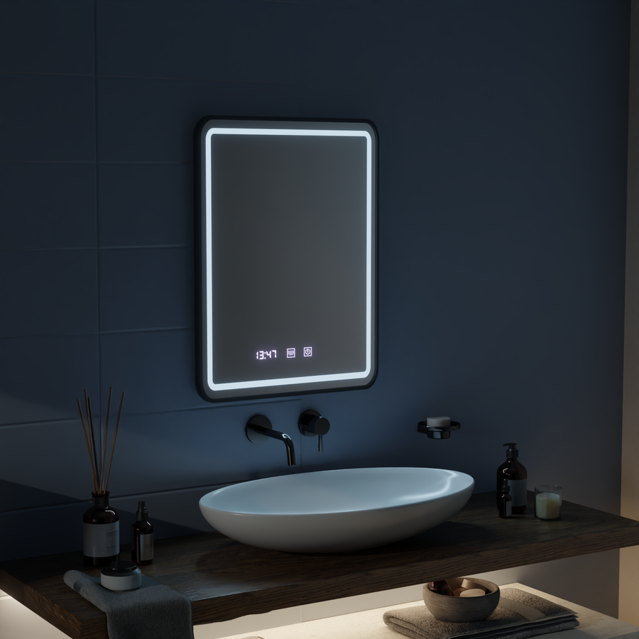 Mirror LED Touch LUCIDA páramentesítő rendszer, óra és hőmérséklet 60x80 cm keret Fekete csiszolt tükrök Korman S alapértelmezett cím Alessandro Design