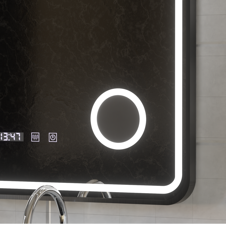 Ulrich LED Touch Mirror páramentesítő rendszer, óra és hőmérséklet 75x90 cm fekete keret szálcsiszolt kozmetikai nagyító tükrök Korman S alapértelmezett cím Alessandro Design