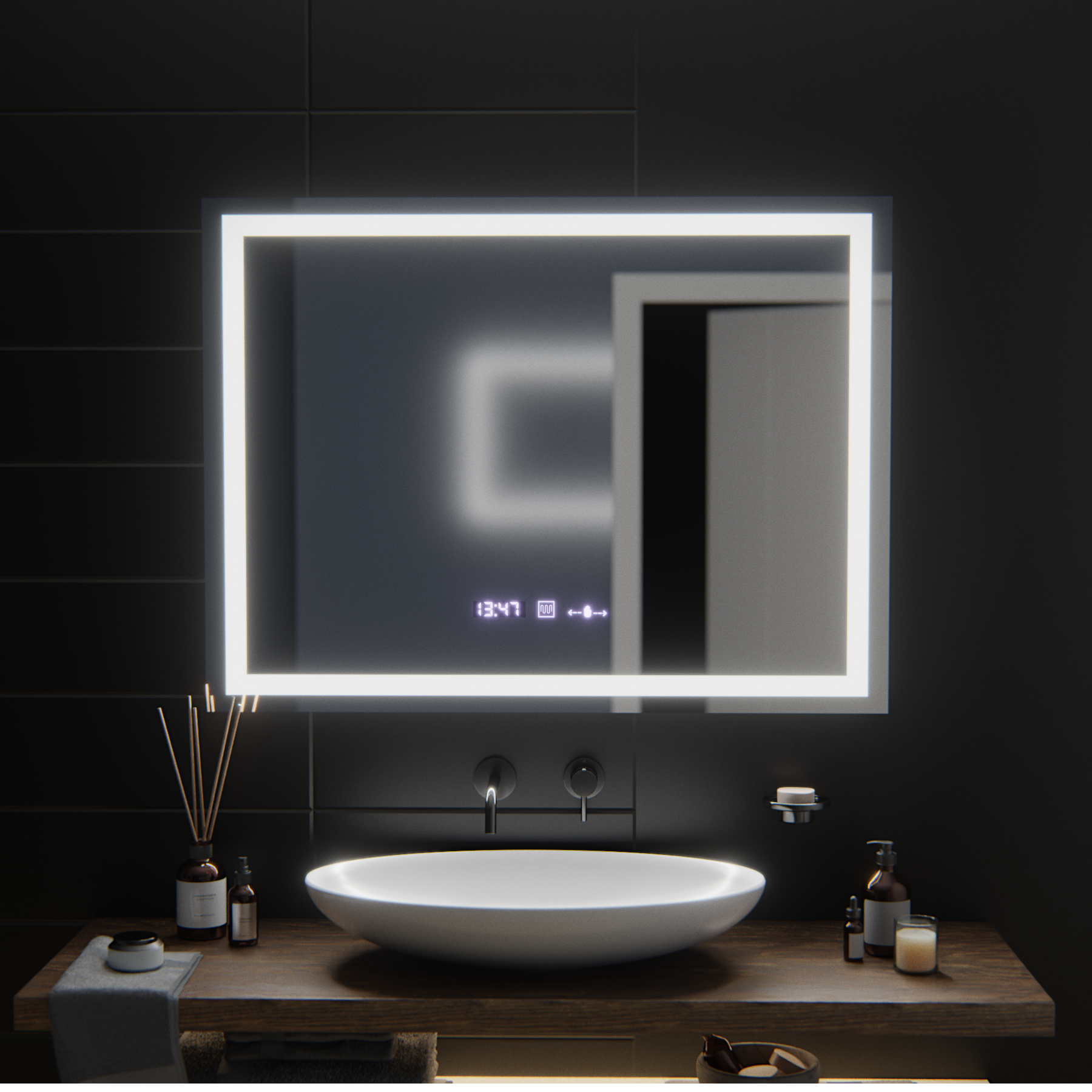 Négyszögletű LED-es tükör, 100x75 cm, Verite MotionGlow Marcello, páramentesítő rendszer, óra és hőmérő, szabályozható Marcello tükrök alapértelmezett cím Alessandro Design