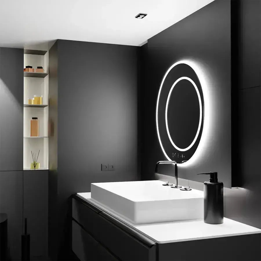 Kerek LED-es tükör, 60cm, július Touch Marcello, Páramentesítő rendszer, Óra és hőmérő, Dimabila Tükrök Marcello Alapbeállítás Alessandro Design