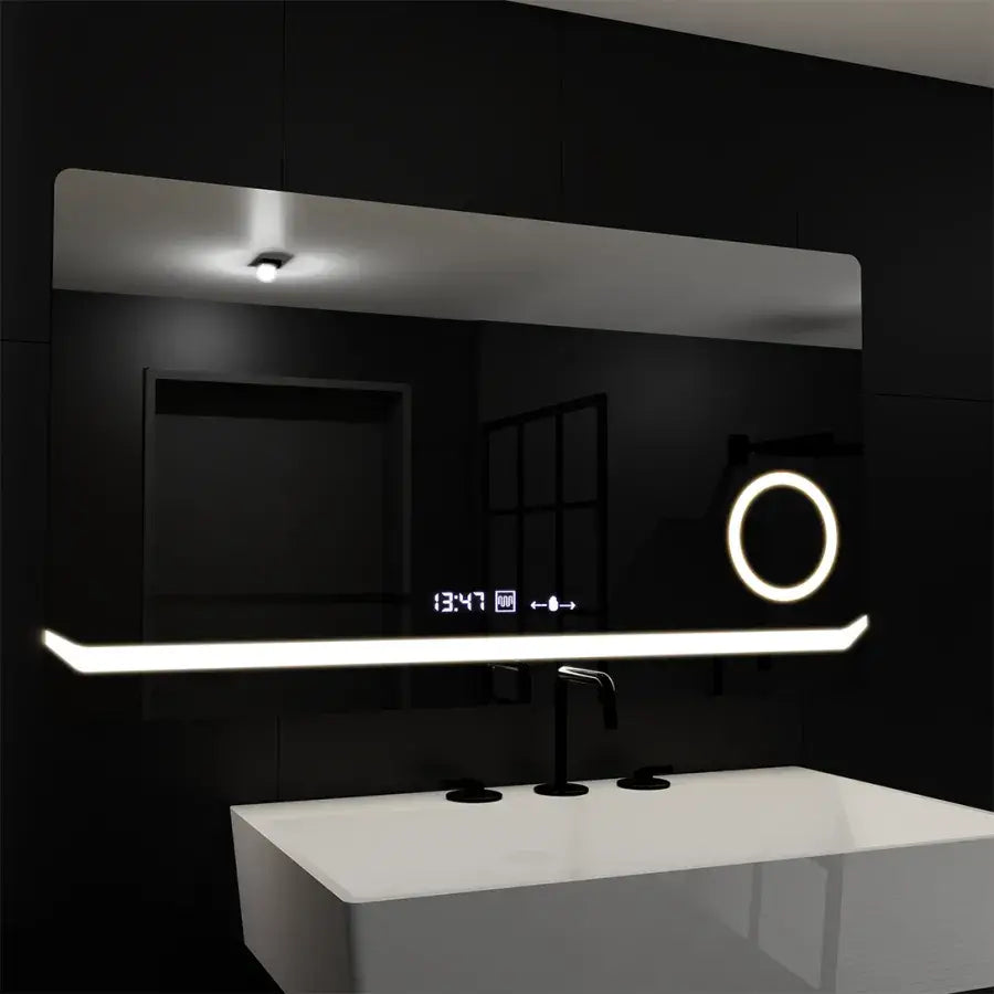 Négyszögletű LED-es tükör, 80x60 cm, Definition MotionGlow Marcello, páramentesítő rendszer, óra és hőmérő, kozmetikai nagyító, szabályozható tükrök Marcello alapértelmezett cím Alessandro Design