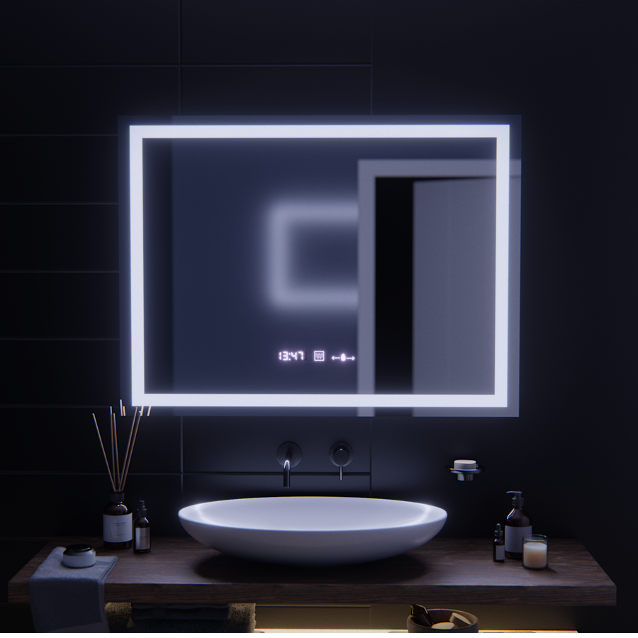 Négyszögletű LED-es tükör, 100x75 cm, Verite MotionGlow Marcello, páramentesítő rendszer, óra és hőmérő, szabályozható Marcello tükrök alapértelmezett cím Alessandro Design