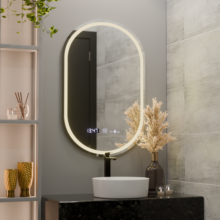 Ovális LED-es tükör, 60x80 cm, Eminence MotionGlow Marcello, páramentesítő rendszer, óra és hőmérő, szabályozható Marcello tükör Alapértelmezett cím Alessandro Design