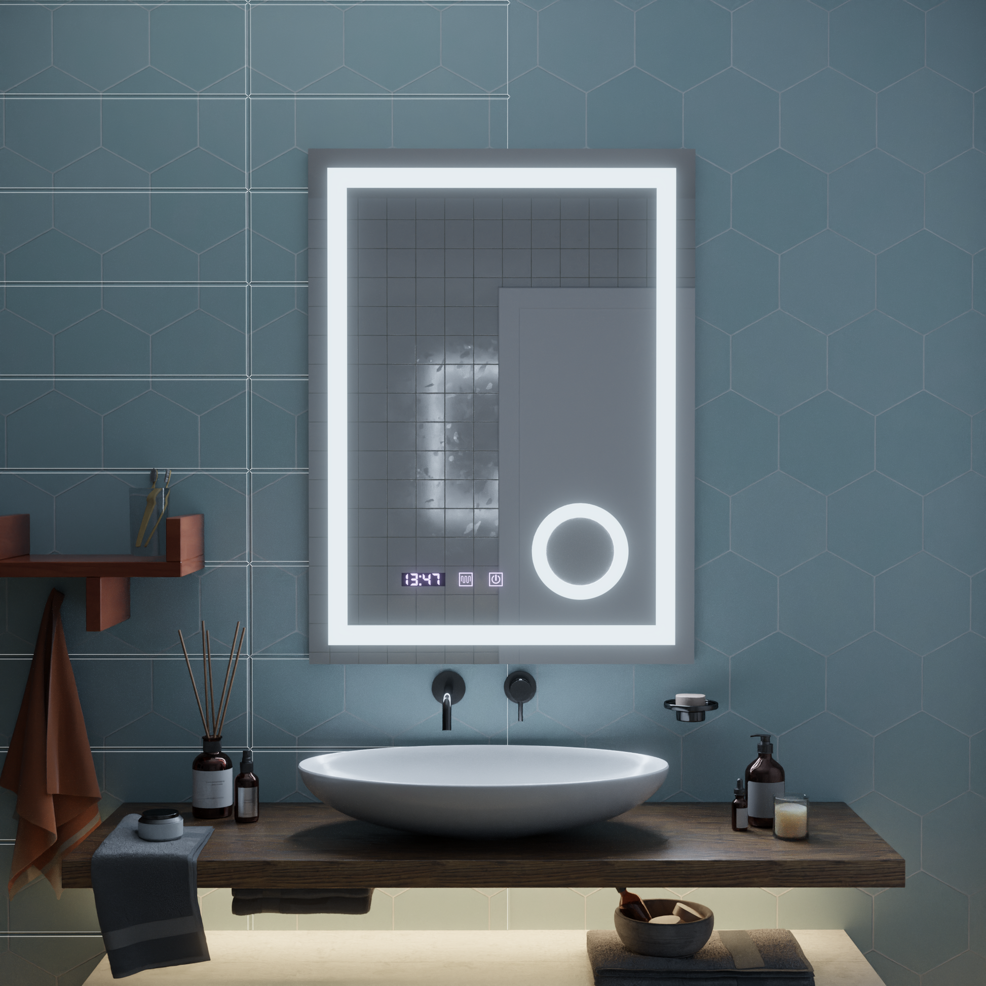 LED érintőtükör NIVERA páramentesítő rendszer, óra és hőmérséklet 60x80 cm kozmetikai nagyító tükrök Korman S alapértelmezett cím Alessandro Design