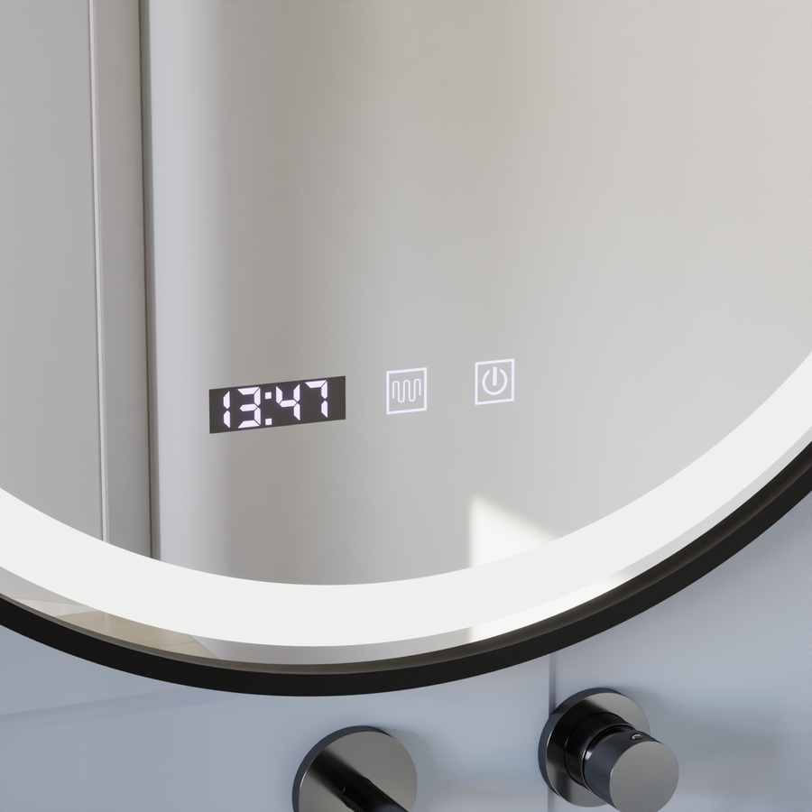 LED érintőtükör NOVARA páramentesítő rendszer, óra és hőmérséklet 50 cm fekete keret szálcsiszolt tükrök Korman S alapértelmezett cím Alessandro Design