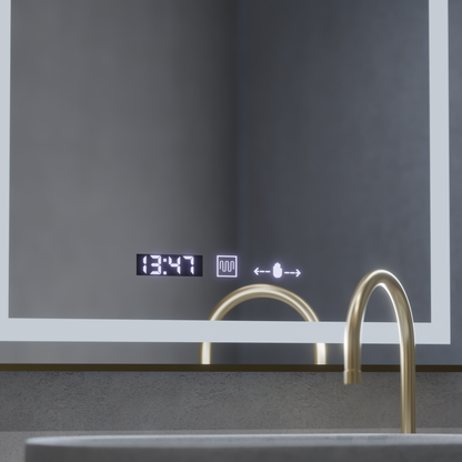 Négyszögletű LED-es tükör, 60x80 cm, Verite Royale Gold MotionGlow Marcello, páramentesítő rendszer, óra és hőmérő, szabályozható tükrök Marcello alapértelmezett cím Alessandro Design