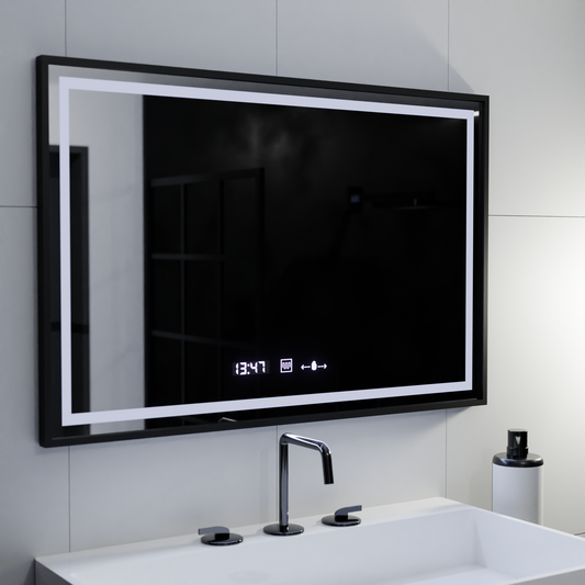 Négyszögletű LED-es tükör, 120x80 cm, Verite Majeste Noir Motion Glow Marcello, páramentesítő rendszer, óra és hőmérő, szabályozható tükrök Marcello alapértelmezett cím Alessandro Design