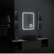 Ulrich LED Touch Mirror páramentesítő rendszer, óra és hőmérséklet 75x90 cm fekete keret szálcsiszolt kozmetikai nagyító tükrök Korman S alapértelmezett cím Alessandro Design
