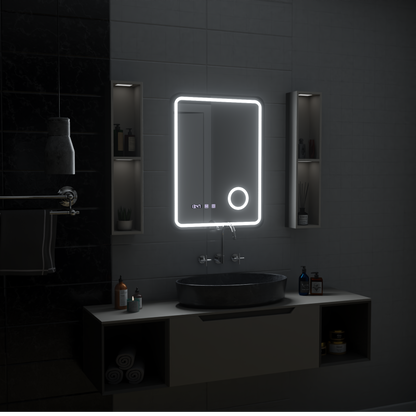 Ulrich LED Touch Mirror páramentesítő rendszer, óra és hőmérséklet 75x90 cm fekete keret szálcsiszolt kozmetikai nagyító tükrök Korman S alapértelmezett cím Alessandro Design