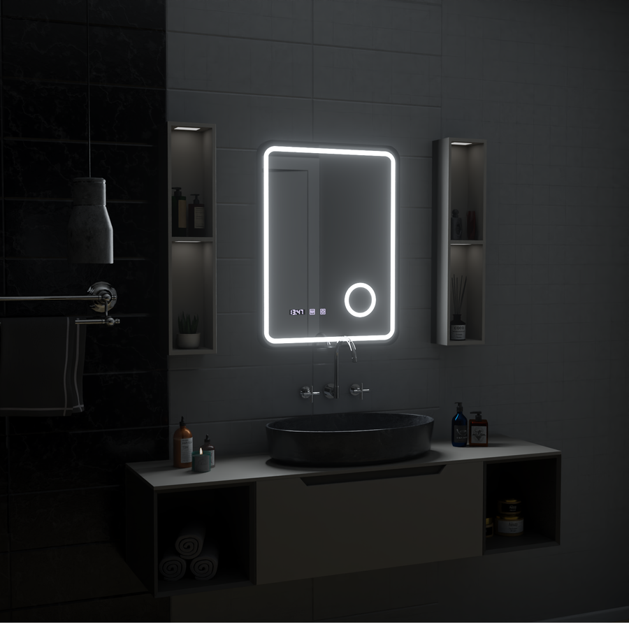 Ulrich LED Touch Mirror páramentesítő rendszer, óra és hőmérséklet 75x90 cm fekete keret szálcsiszolt kozmetikai nagyító tükrök Korman S alapértelmezett cím Alessandro Design