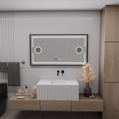 LED Mirror MotionGlow Domingo érzékelő páramentesítő funkcióval hőmérő óra 120x65 cm hideg/meleg/semleges fény szabályozható, szálcsiszolt fekete keret, Marcello Funghi kollekció