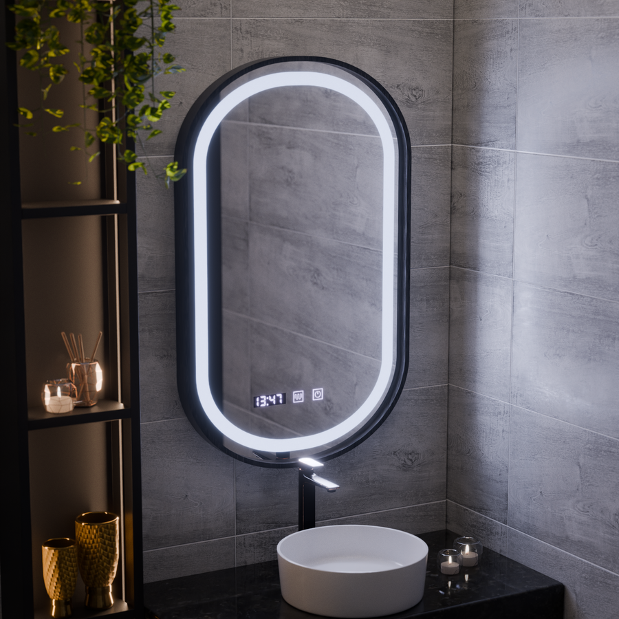 Helmut LED Touch Mirror páramentesítő rendszer, óra és hőmérséklet 50x80 cm fekete keret szálcsiszolt Marcello Funghi