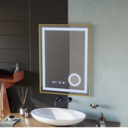 LED érintőképernyős CLARUS tükör páramentesítő rendszer, óra és hőmérséklet 60x80 cm arany keretben csiszolt kozmetikai nagyító tükrök Korman S alapértelmezett cím Alessandro Design