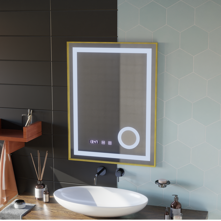 LED érintőképernyős CLARUS tükör páramentesítő rendszer, óra és hőmérséklet 60x80 cm arany keretben csiszolt kozmetikai nagyító tükrök Korman S alapértelmezett cím Alessandro Design