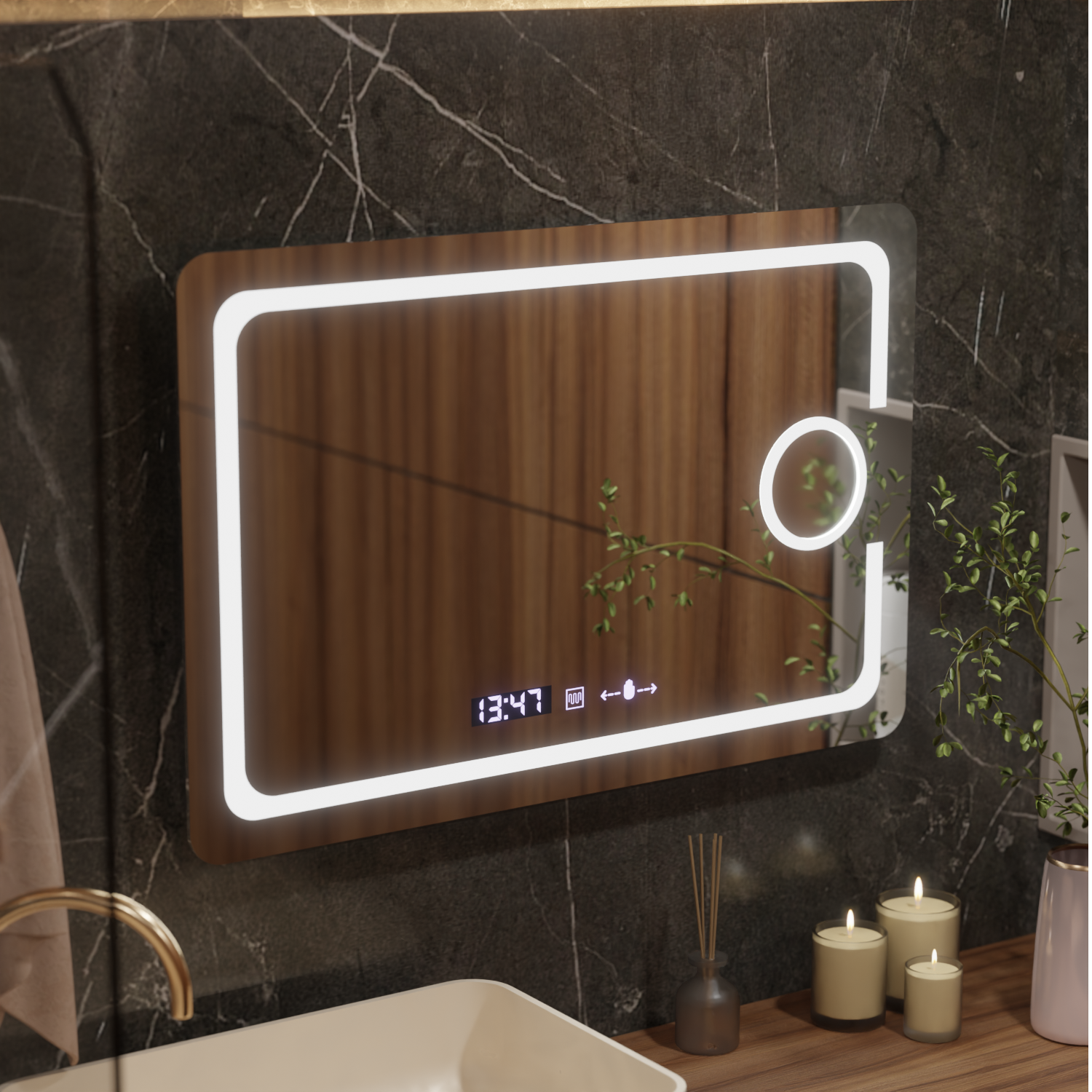 Oglinda LED Rectangulara, 110x75cm, Eclat MotionGlow Marcello, Sistem Dezaburire, Ceas & Termometru, Lupa Cosmetica, Dimabila Oglinzi Marcello Default Title Alessandro Design