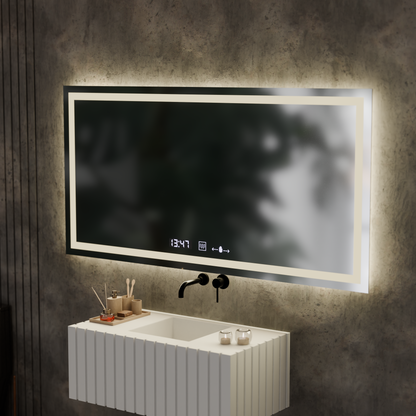 Négyszögletű LED-es tükör, 120x60 cm, Verite MotionGlow Marcello, páramentesítő rendszer, óra és hőmérő, szabályozható tükrök Marcello alapértelmezett cím Alessandro Design
