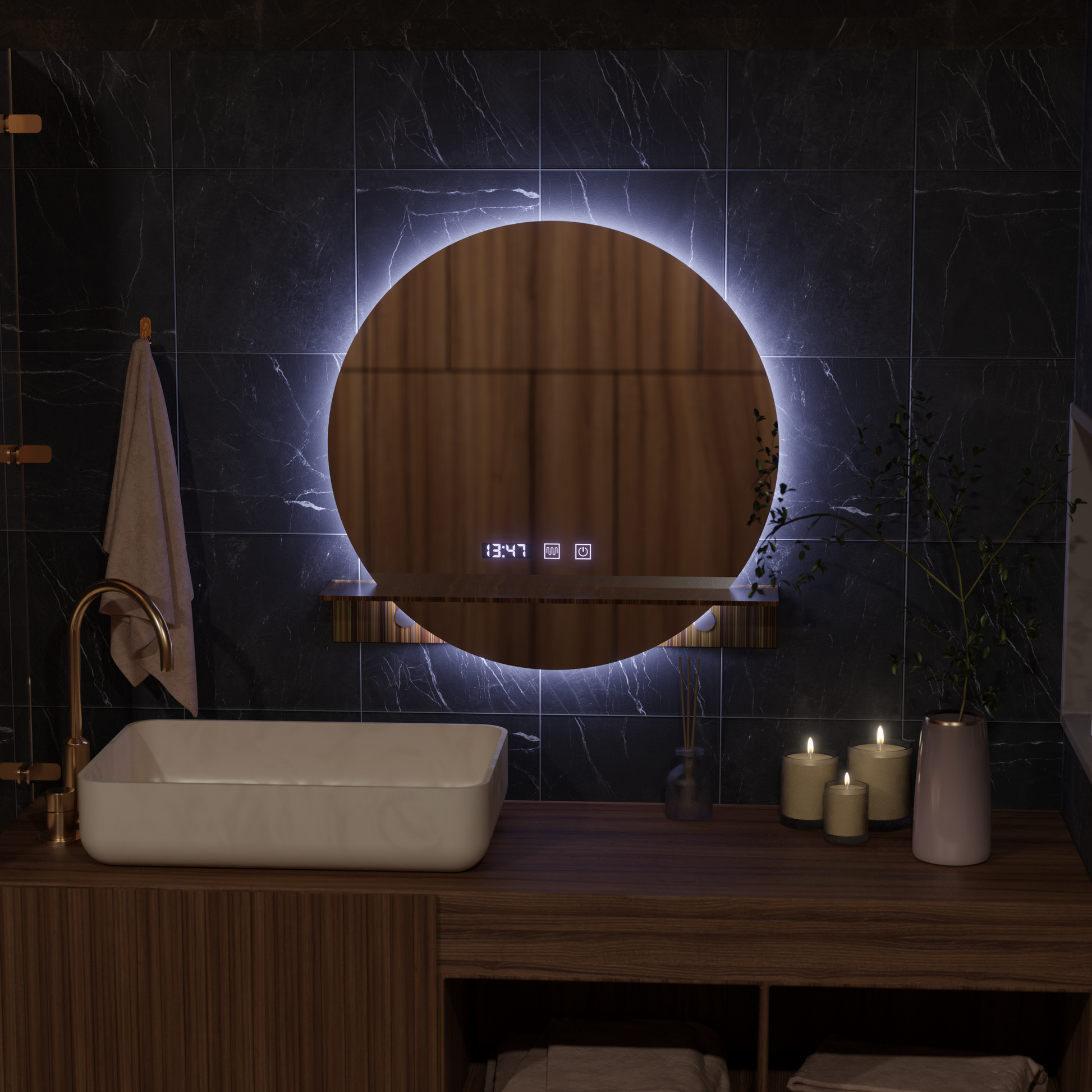 Mirror LED Touch Alfred páramentesítő rendszer, óra és hőmérséklet 60x60 cm integrált támasztótükrökkel Korman S Alapértelmezett cím Alessandro Design