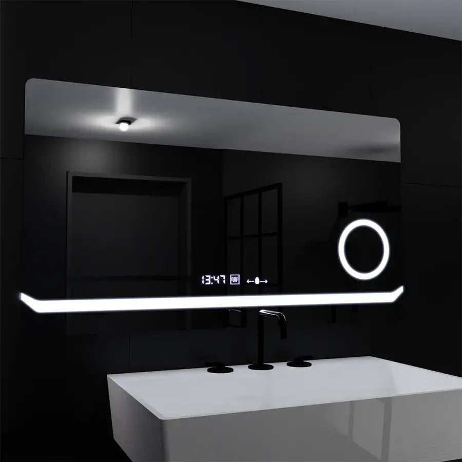 Négyszögletű LED-es tükör, 80x60 cm, Definition MotionGlow Marcello, páramentesítő rendszer, óra és hőmérő, kozmetikai nagyító, szabályozható tükrök Marcello alapértelmezett cím Alessandro Design