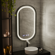 Helmut LED Touch Mirror páramentesítő rendszer, óra és hőmérséklet 50x80 cm fekete keret szálcsiszolt Marcello Funghi