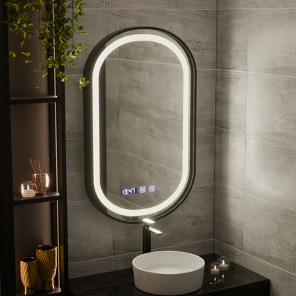 Helmut LED Touch Mirror páramentesítő rendszer, óra és hőmérséklet 50x80 cm fekete keret szálcsiszolt Marcello Funghi
