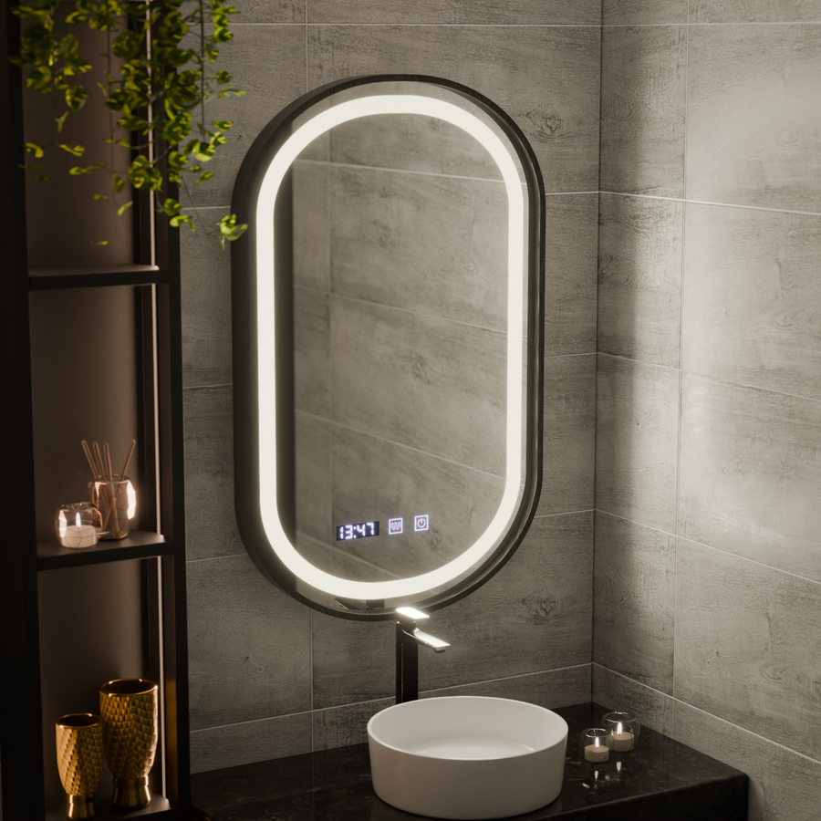 Helmut LED Touch Mirror páramentesítő rendszer, óra és hőmérséklet 50x80 cm fekete keret szálcsiszolt Marcello Funghi