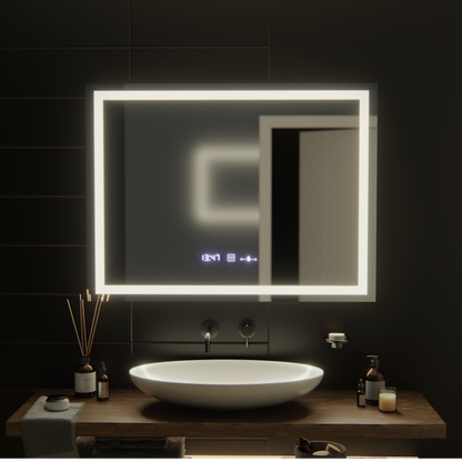 Négyszögletű LED-es tükör, 100x75 cm, Verite MotionGlow Marcello, páramentesítő rendszer, óra és hőmérő, szabályozható Marcello tükrök alapértelmezett cím Alessandro Design