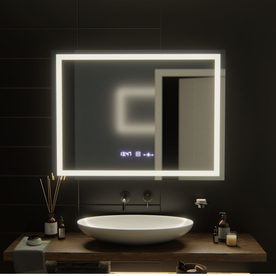 Négyszögletű LED-es tükör, 100x75 cm, Verite MotionGlow Marcello, páramentesítő rendszer, óra és hőmérő, szabályozható Marcello tükrök alapértelmezett cím Alessandro Design