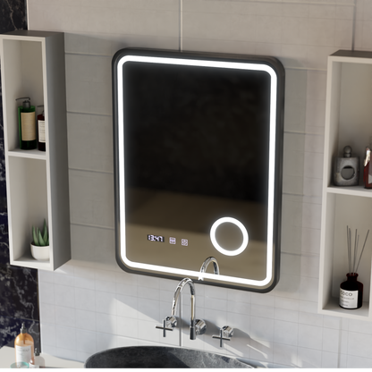 Ulrich LED Touch Mirror páramentesítő rendszer, óra és hőmérséklet 75x90 cm fekete keret szálcsiszolt kozmetikai nagyító tükrök Korman S alapértelmezett cím Alessandro Design