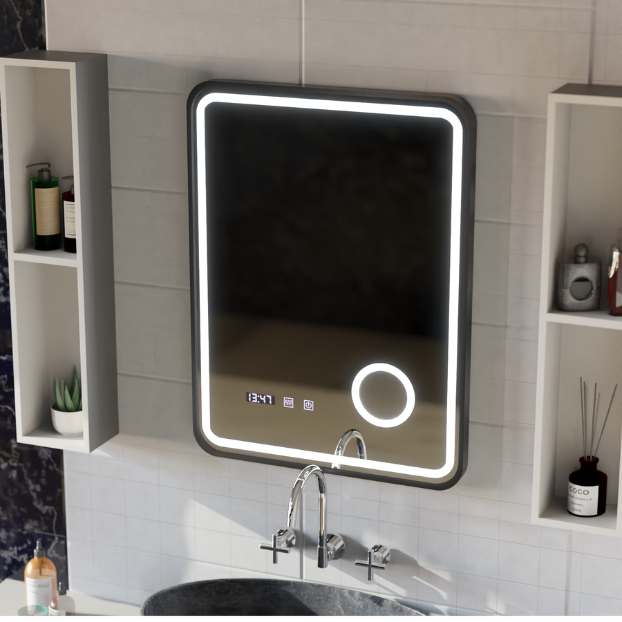 Ulrich LED Touch Mirror páramentesítő rendszer, óra és hőmérséklet 75x90 cm fekete keret szálcsiszolt kozmetikai nagyító tükrök Korman S alapértelmezett cím Alessandro Design