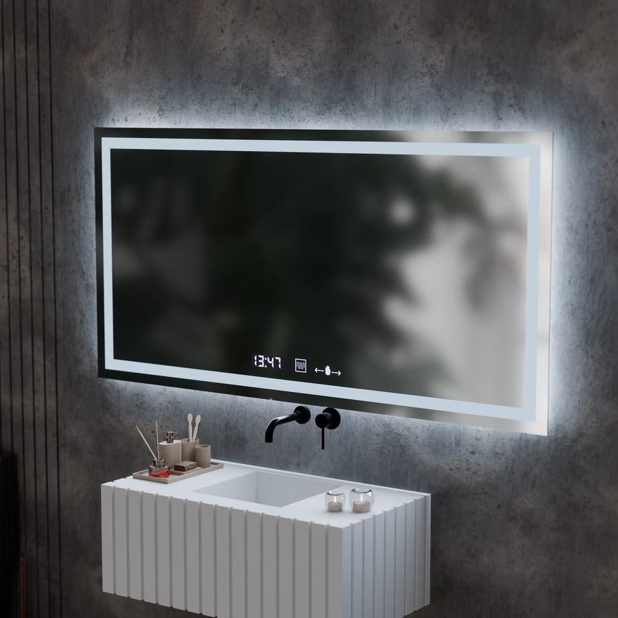 Négyszögletű LED-es tükör, 120x60 cm, Verite MotionGlow Marcello, páramentesítő rendszer, óra és hőmérő, szabályozható tükrök Marcello alapértelmezett cím Alessandro Design